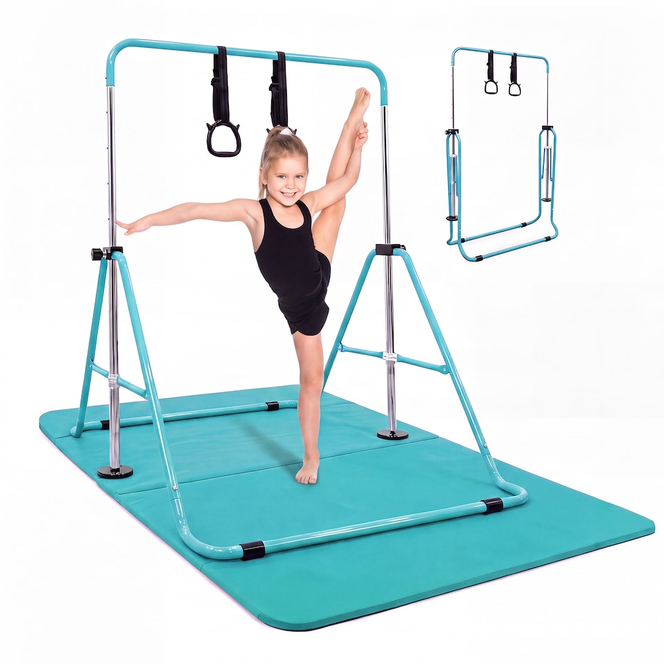 image 1 of Kayman Gymnastics Bar and Floor Mat Set for Kids with Training Rings