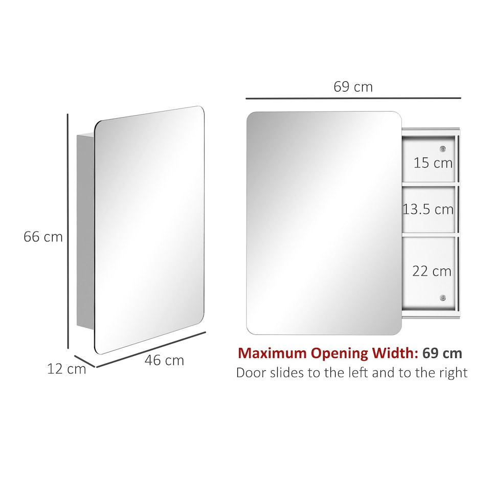 image 1 of kleankin 66x46cm Curved Bathroom Storage Cabinet Sliding Mirror Door 3 Shelves