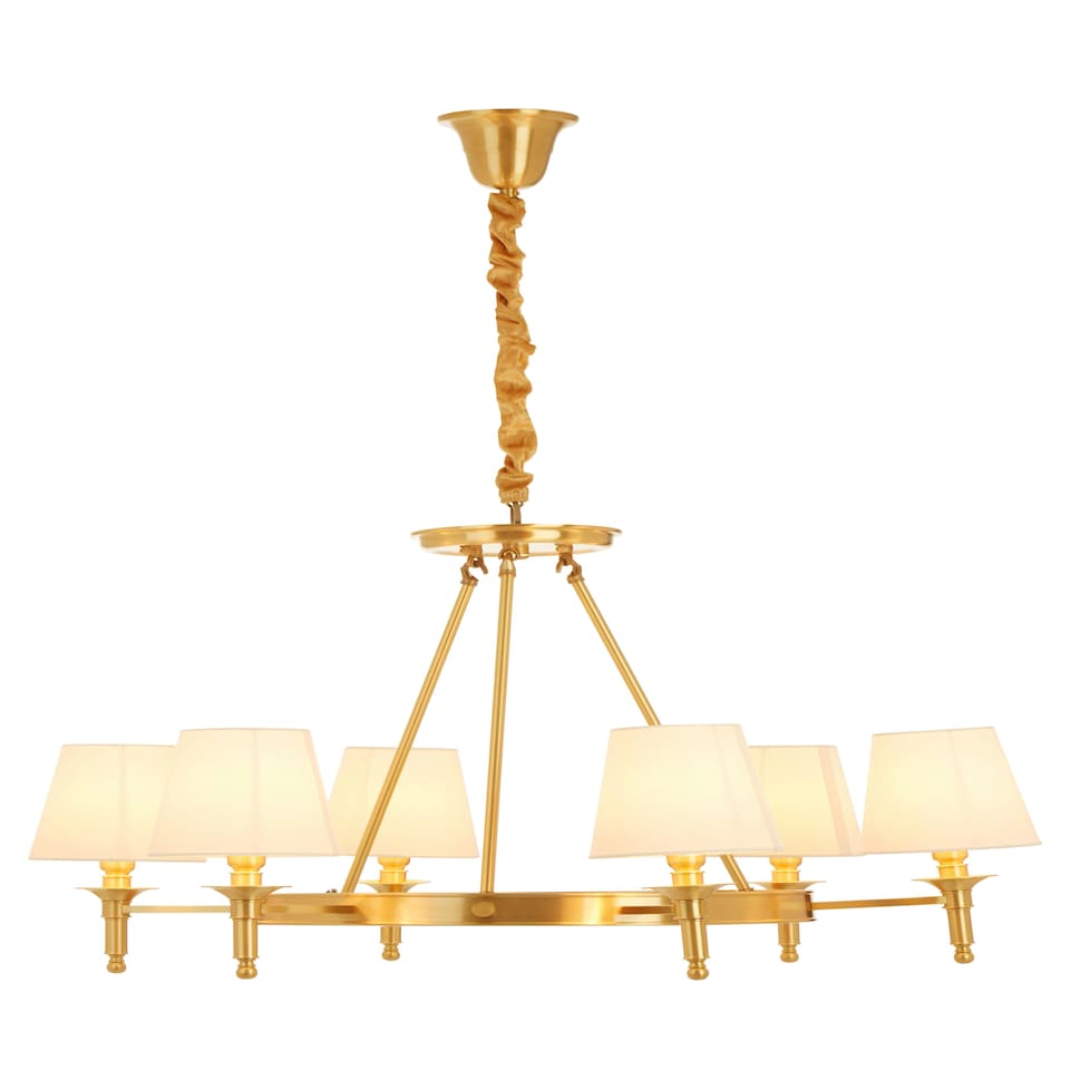 image 1 of Interiors by Premier Elegant 6 Arm Gold Ceiling Light with Linen Shades, Brass Frame Hotel Style Pendant Light, Lighting Fixture Gold