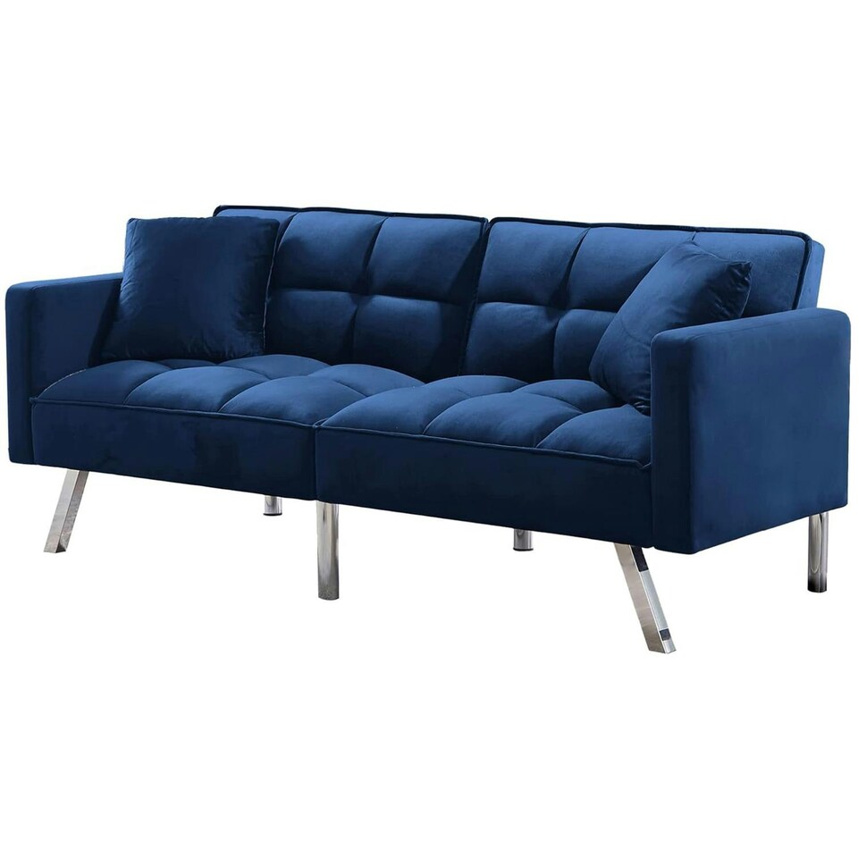 image 1 of Sofa Bed 2 Seater Blue Velvet Click Clack Sofa Settee Recliner Couch with Metal Legs 2 Pillows Blue
