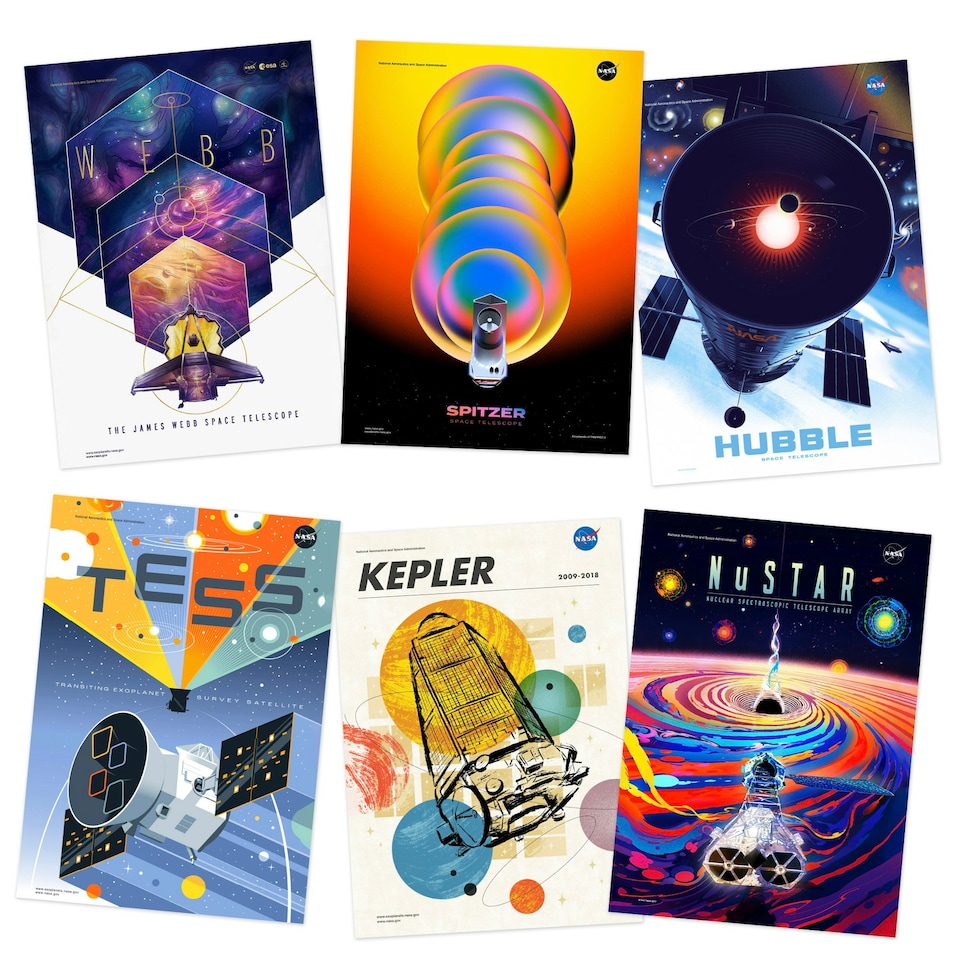 image 1 of Pack of 6 NASA Exoplanet Travel Bureau Telescopes Space Office Study Wall Art Print A4