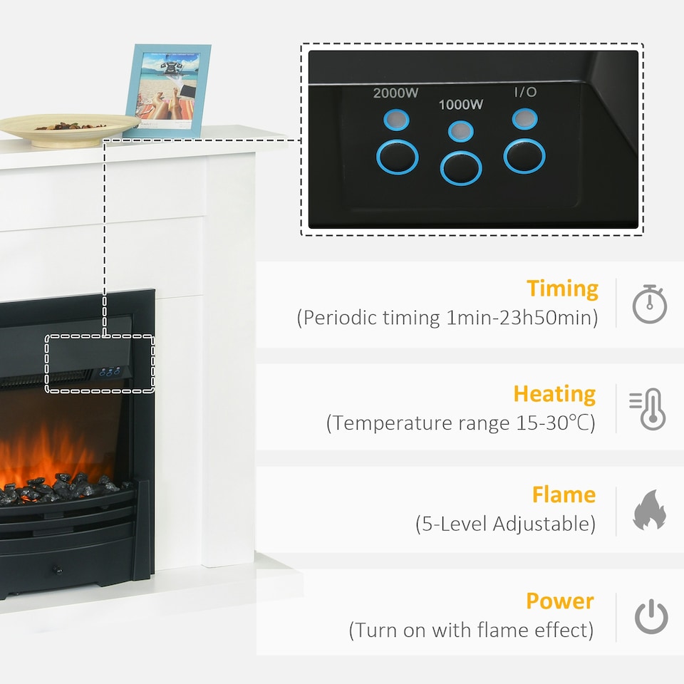 image 1 of HOMCOM 1000W/2000W Electric Fire & Mantelpiece w/ LED Flames Remote Timer