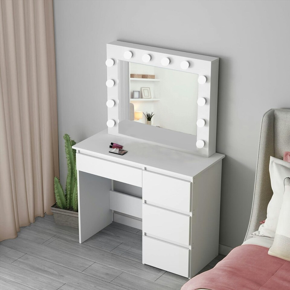 image 1 of White Dressing Table Hollywood LED Mirror Makeup Desk Vanity Table Bedroom Furniture White
