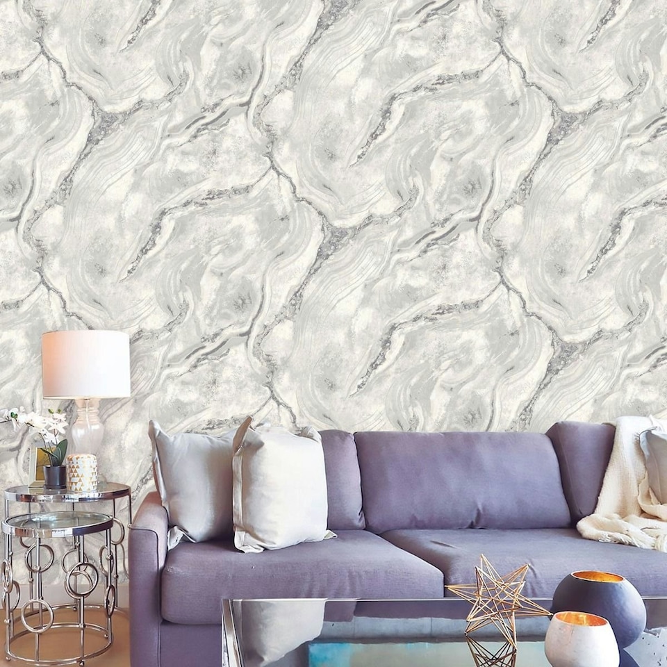 image 1 of World Of Wallpaper Luxe Collection Mineral Effect Vinyl Textured Wallpaper - Silver/Grey - 10m x 0.5m Silver