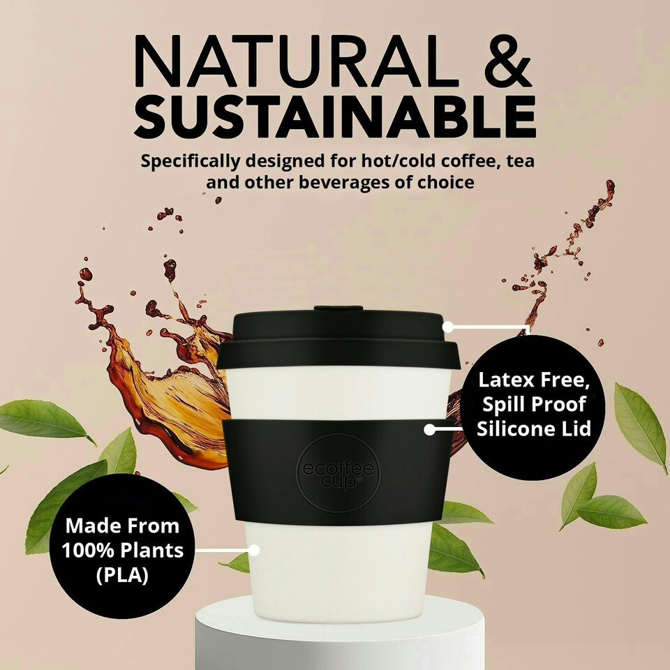 image 1 of Ecoffee Cup 8oz 240ml Reusable Eco-Friendly 100% Plant Based Coffee Cup with Silicone Lid & Sleeve - Melamine Free Travel Mug N/A | Black Nature