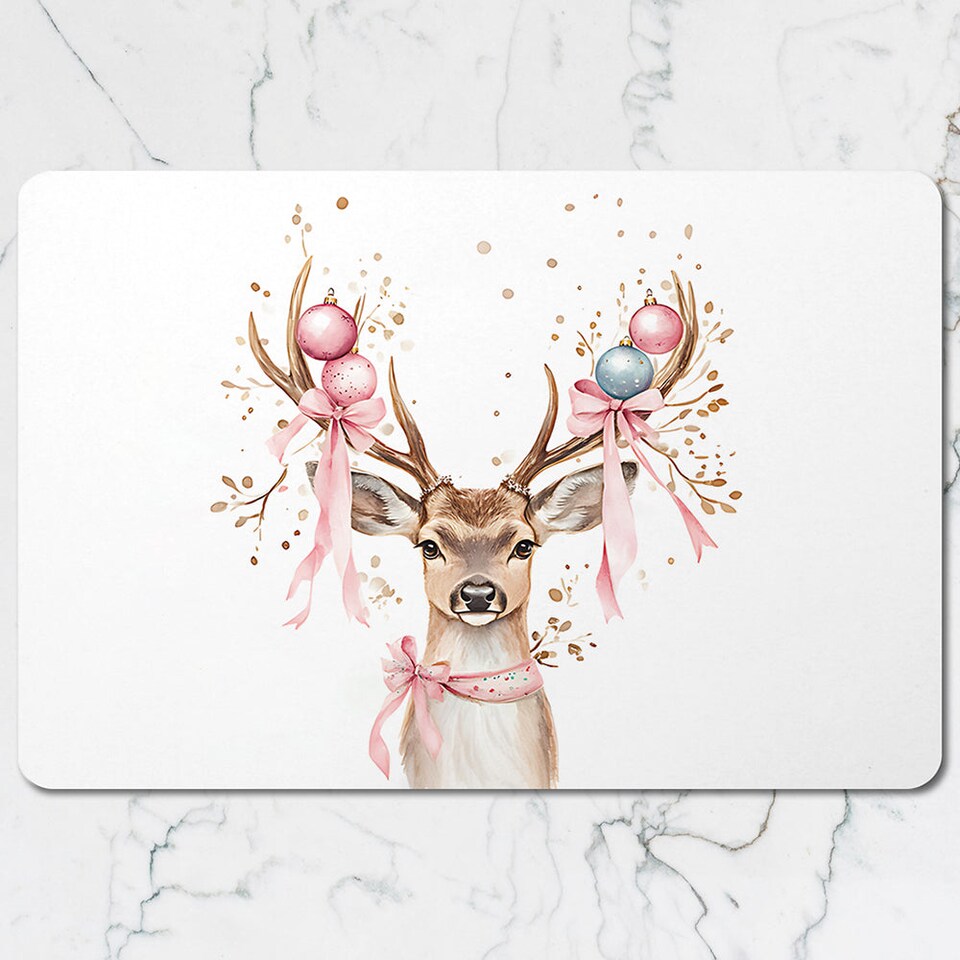 image 1 of Deer Head Christmas Placemats And Coaster Set With Pink Ribbons