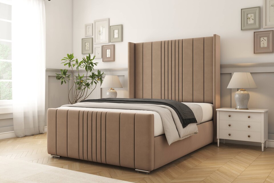 image 1 of Sloomy Hargrave Mink Plush Bed Frame With Mattress With 50"  Upholstered Wingback Headboard 6' Super King