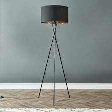 ValueLights Camden Black Tripod Floor Lamp Black & Gold Shade Black