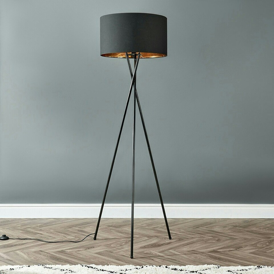 image 1 of ValueLights Camden Black Tripod Floor Lamp Black & Gold Shade Black