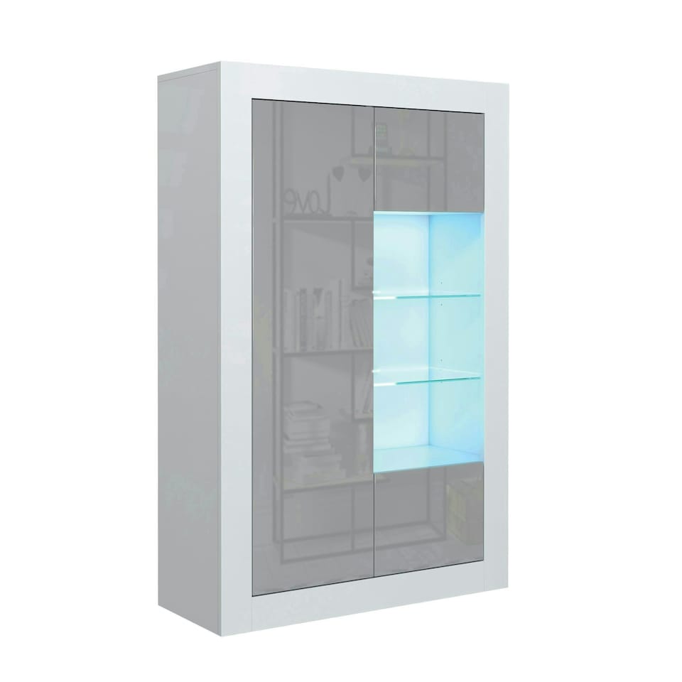image 1 of Display Cabinet 93cm Grey Gloss Doors White Matt Body Free LED White | Grey
