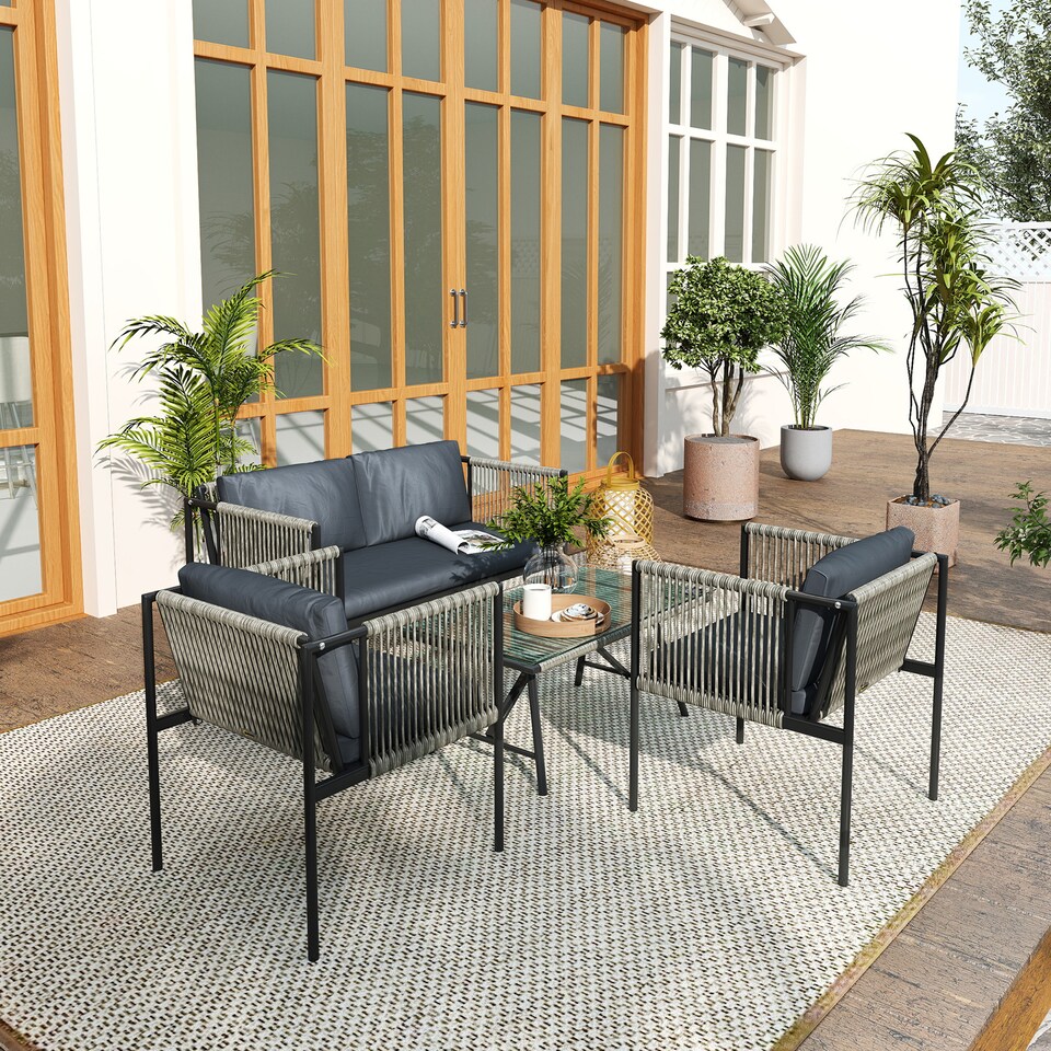 image 1 of Outsunny 4 Piece Rattan Garden Furniture Set, 4 Seater Wicker Outdoor Furniture Set with 2 Armchairs, Loveseat, Glass Top Coffee Table and Cushions for Balcony, Porch, Grey