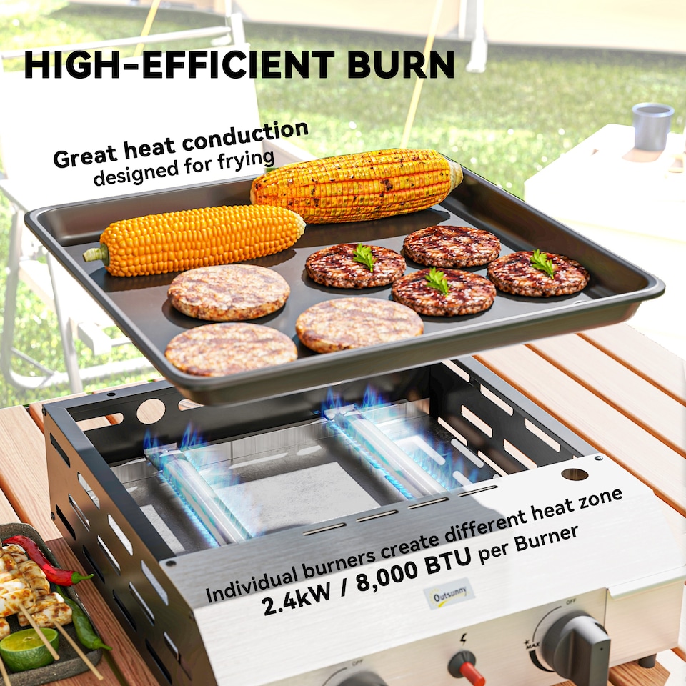 image 1 of Outsunny Gas Barbecue Grill with Non-Stick Griddle for Camping, Silver Tone