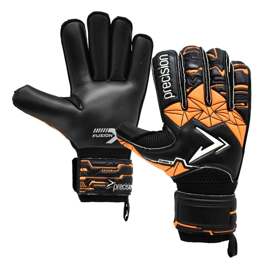 Precision Childrens/Kids Fusion X Roll Finger Protect Goalkeeper Gloves - Black/Fluorescent Orange/White - 7