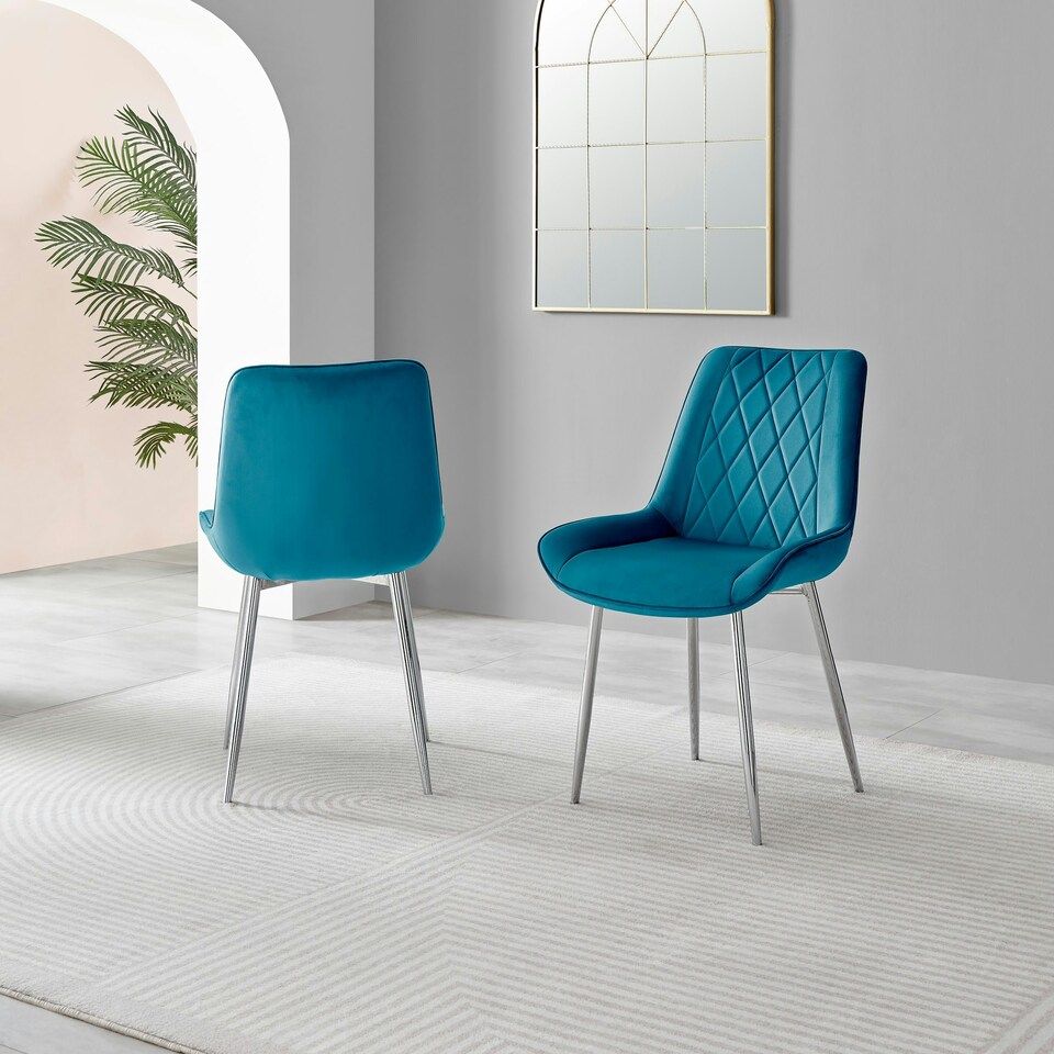 image 1 of Furniturebox 2x Pesaro Blue Velvet Silver Leg Luxury Dining Chairs