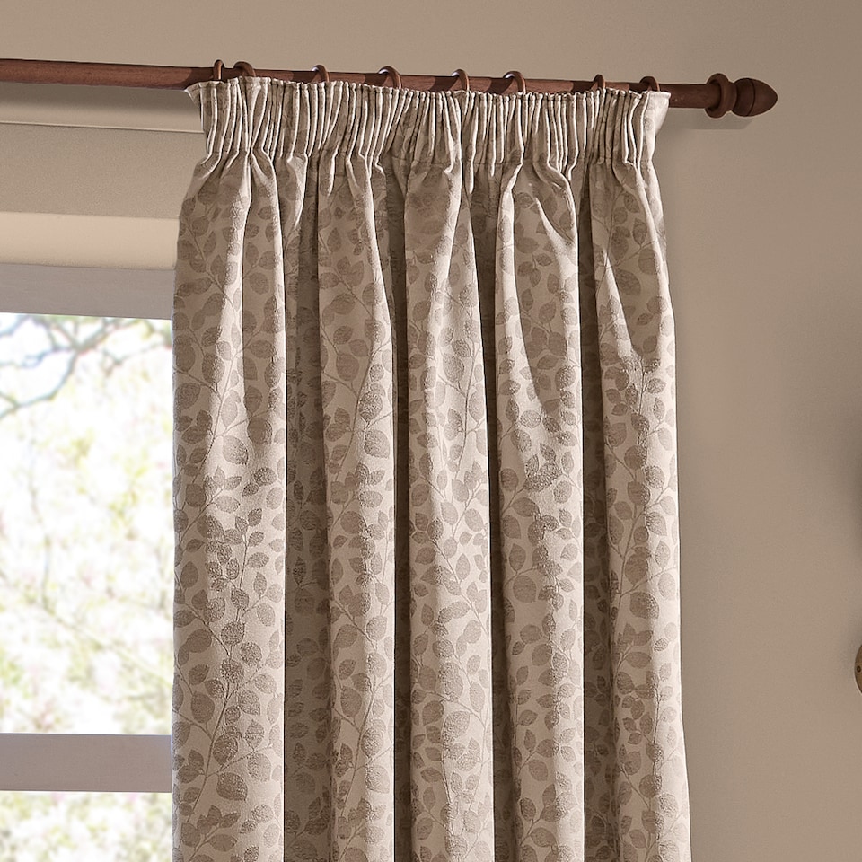image 1 of Wylder Grace Leaf Jacquard Fully Lined Pencil Pleat Curtain Pair, Taupe, (W) 168 x (D) 137cm | Cream | Taupe | 1