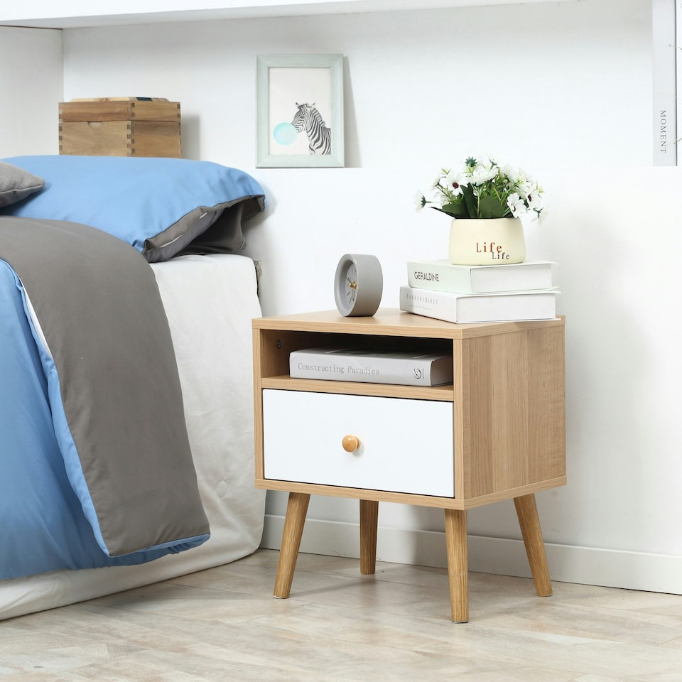 image 1 of HOMCOM Bedside Table Modern Nightstand Bedside Cabinet w/ Drawer Shelf Natural