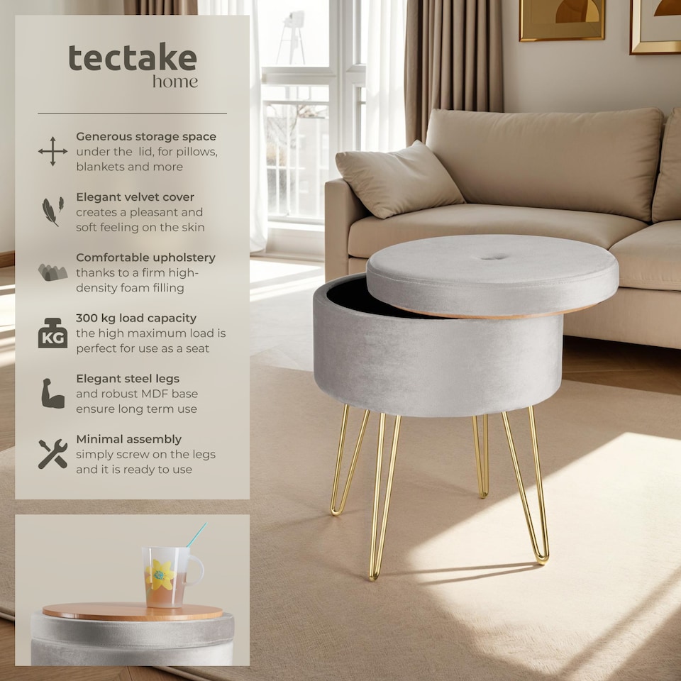image 1 of Stool Ava - round, padded velvet look, with storage space | Grey | light grey | 37,50 x 37,50 x 44,50 cm | 1