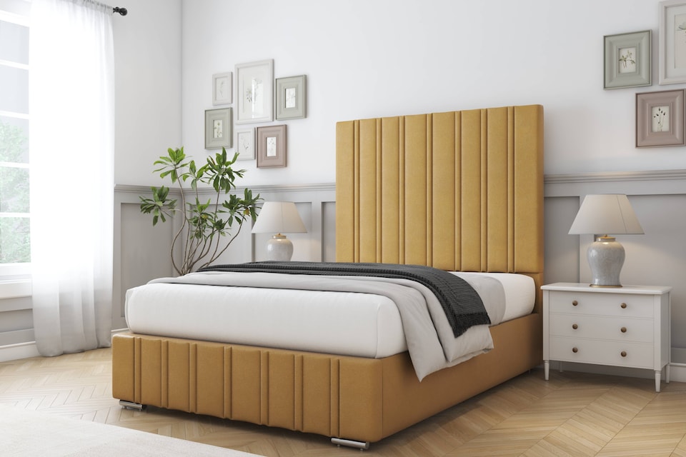 image 1 of Sloomy Langston Mustard Plush Bed Frame With Mattress With 50" Upholstered Headboard 2'6 Small Single
