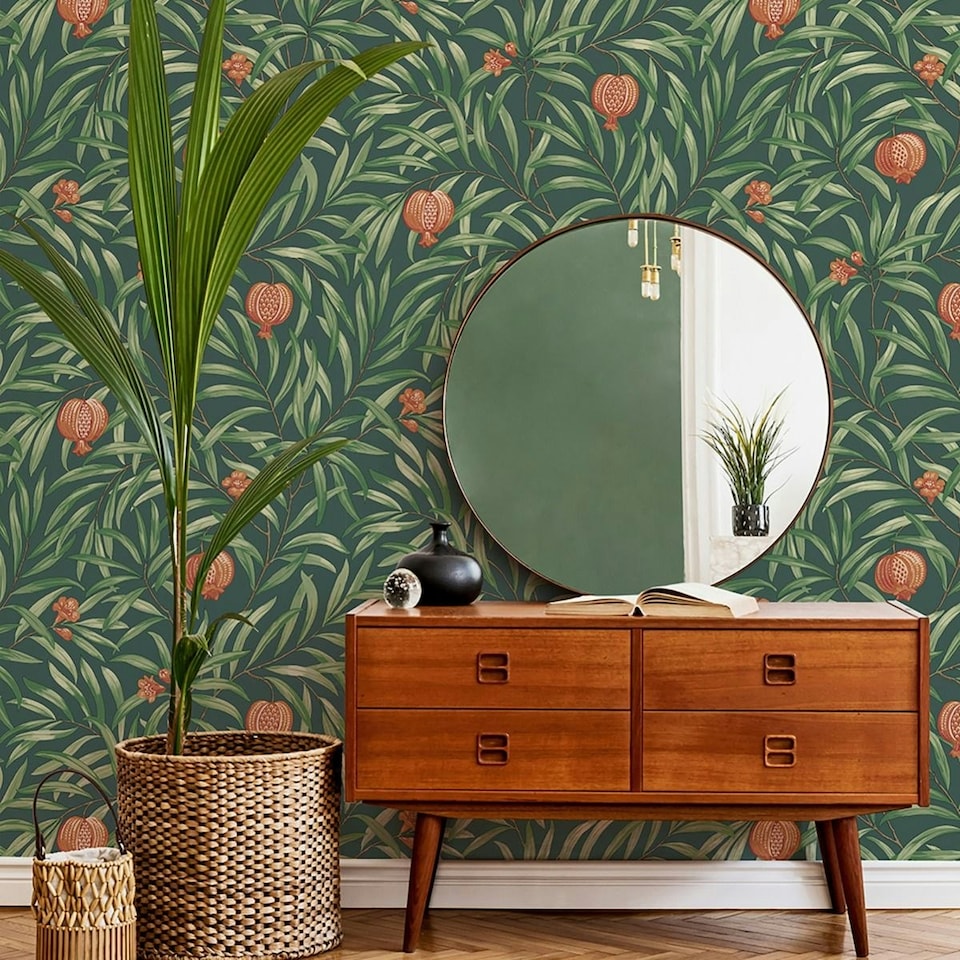image 1 of Belgravia Pomegranate Wallpaper - Green/Orange - 10m x 53cm Green