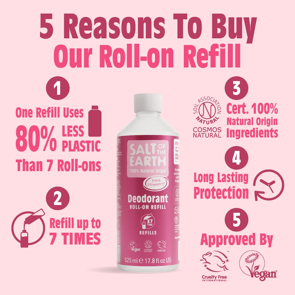 image 1 of Salt of the Earth Natural Deodorant Roll on Refill x7 Uses Fresh Strawberry Natural Origin Ingredients Vegan 525ml