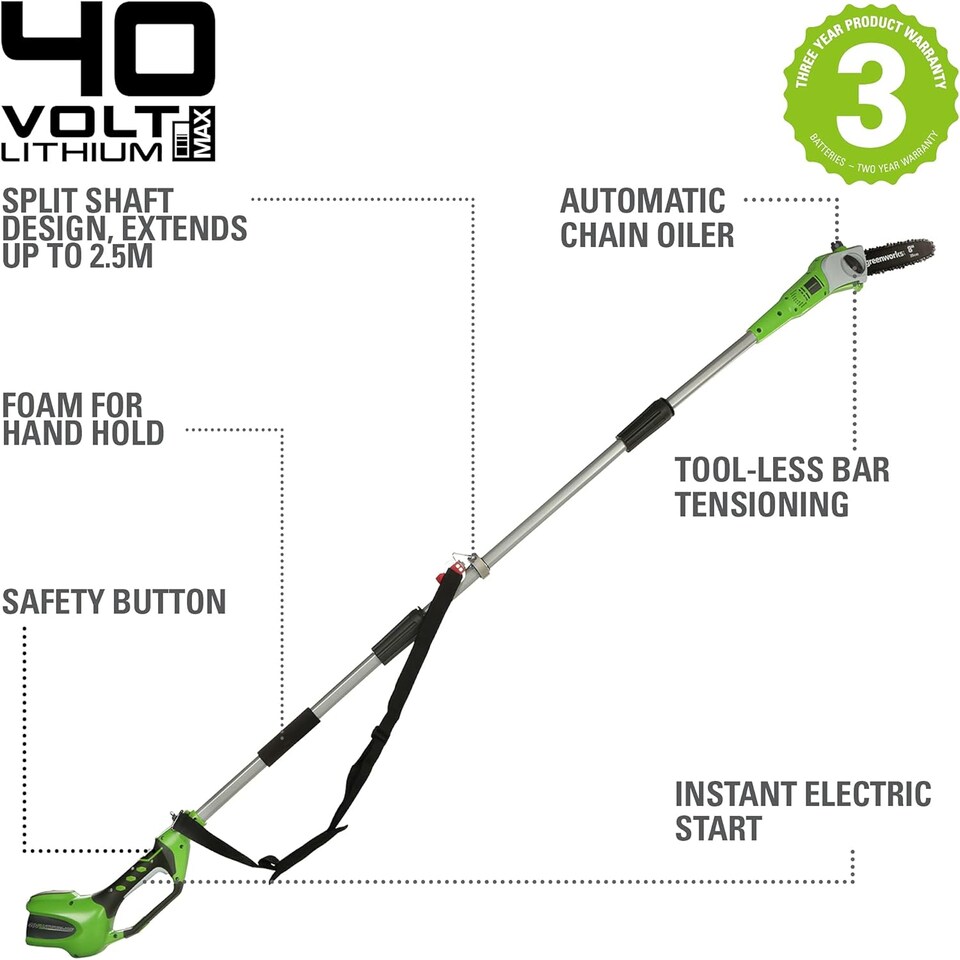 image 1 of Greenworks 40V 20cm Pole Bar including Battery and Charger Green