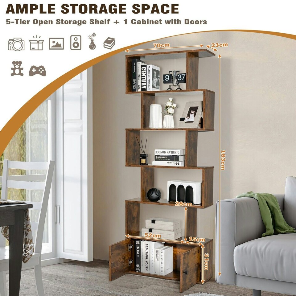image 1 of COSTWAY 5-tier Bookcase S-Shaped Bookshelf Display Rack Brown Brown