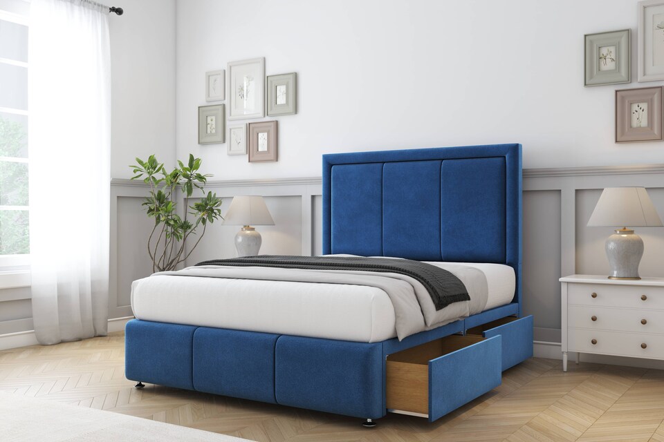 image 1 of Sloomy Lancaster Navy Plush Divan Bed With Mattress 2 Drawers Right Side With 54" Floor Standing Headboard & 12" Matching Footboard 4' Small Double | Blue | Navy | Small Double | 1