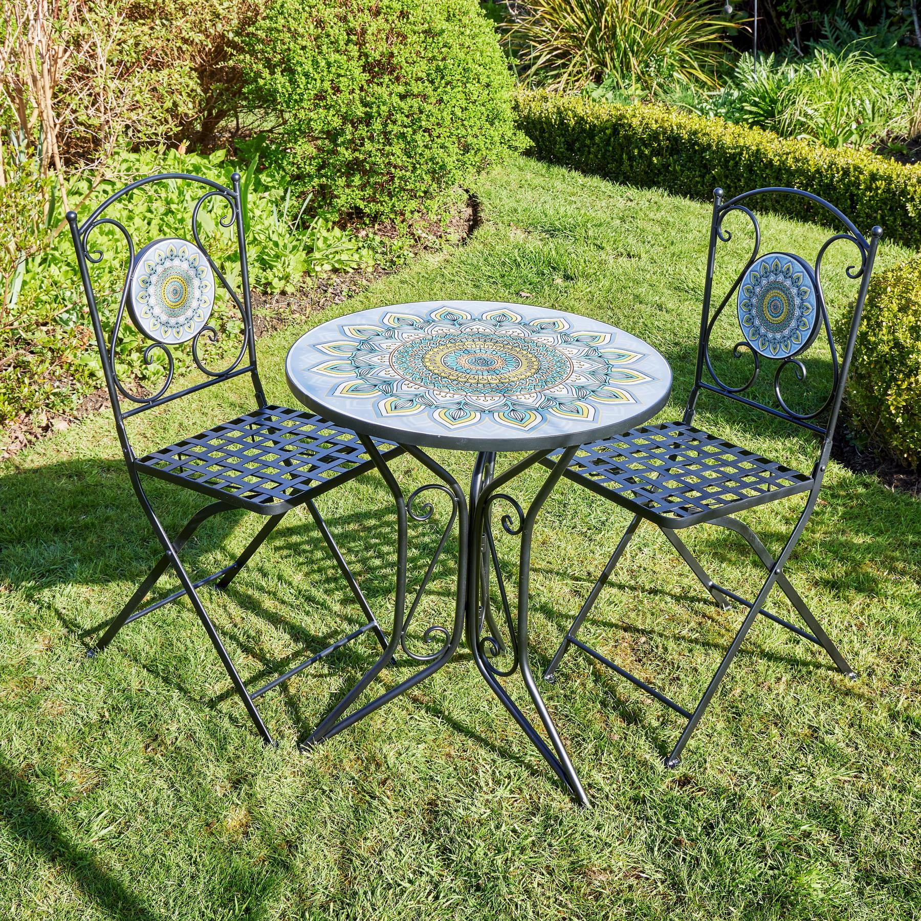 Bistro Table Set Blue Floral Mosaic Design 2 Chairs Outdoor Garden Furniture