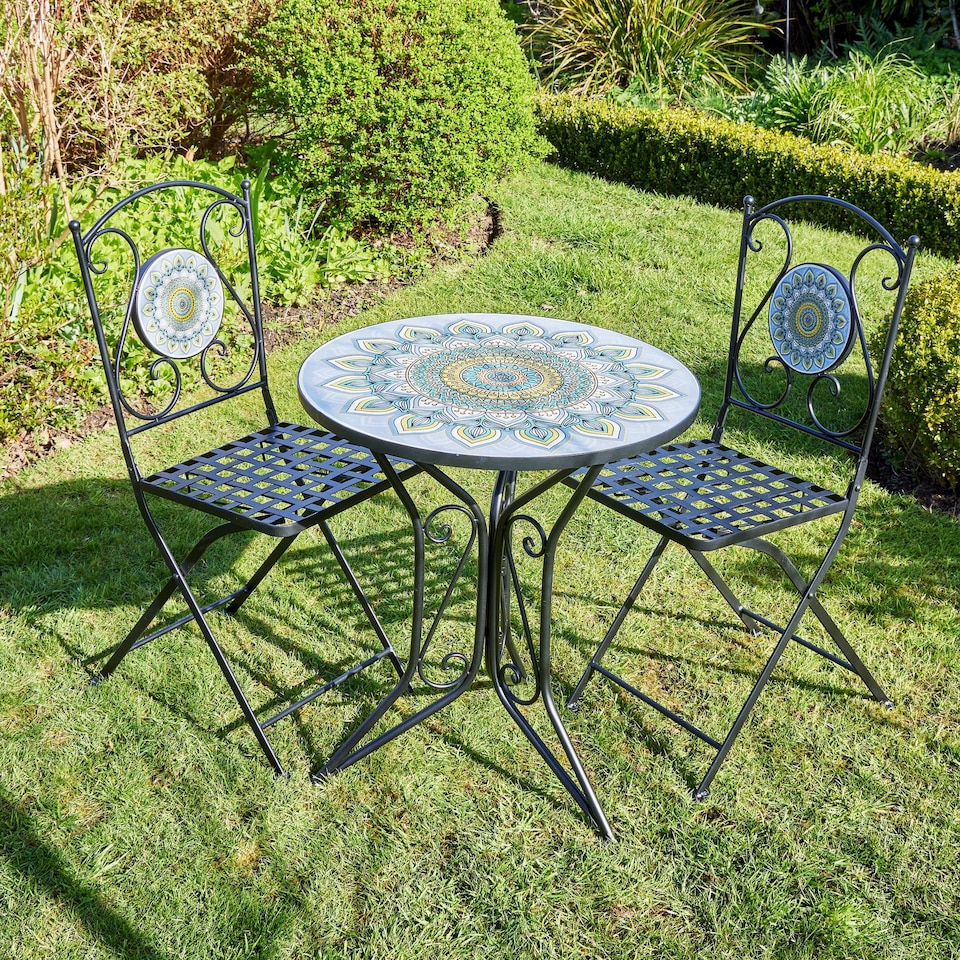 image 1 of Bistro Table Set Blue Floral Mosaic Design 2 Chairs Outdoor Garden Furniture