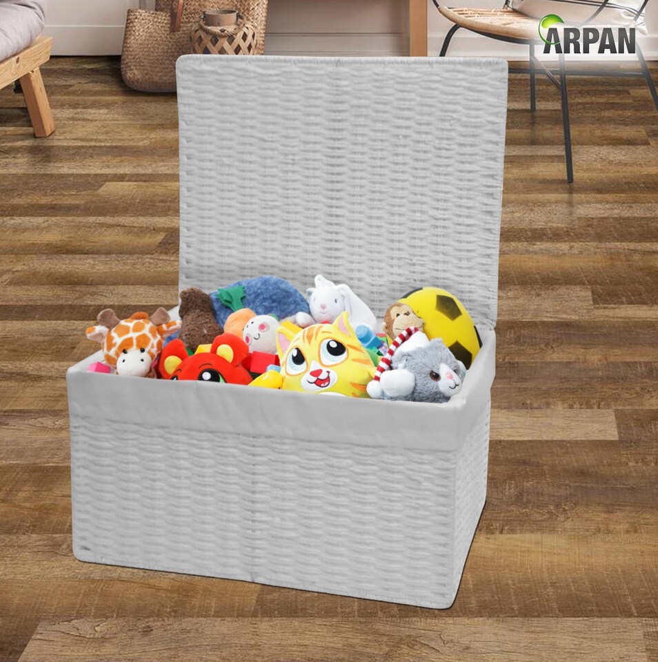 image 1 of White Paper Rope Woven Storage Xmas Hamper Basket Box with White Cloth Lining – Decorative Gift Basket for Christmas, Weddings, Parties & Home Storage