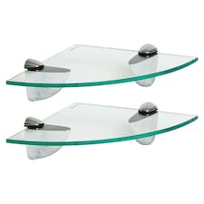 Harbour Housewares 2x Floating Glass Corner Shelves - 20cm - Silver Brackets - Bathroom Shower Storage Vanity Display Unit Shelf | Silver | Clear/Chrome | 20 x 20 x 0.5 CM | 2