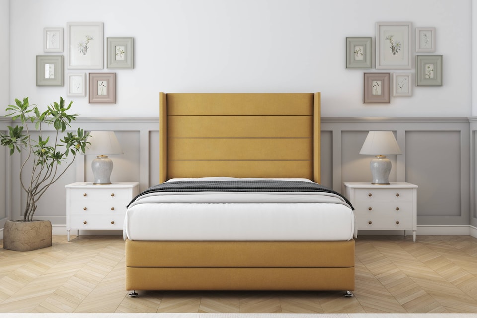 image 1 of Sloomy Sterling Mustard Plush Divan Bed Base No Drawers With 54 Inch Wingback Headboard & 12 Inch Matching Footboard | Gold | Mustard | Double | 1