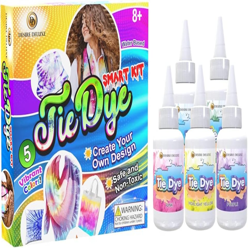 image 1 of Desire Deluxe Tie Dye Kit – Toy Set of Paint Colours Ink for Dyeing Fabric, Clothes – Creative Art Craft Boys Girls Kits Games Activity for Adults & Kids (5pc)