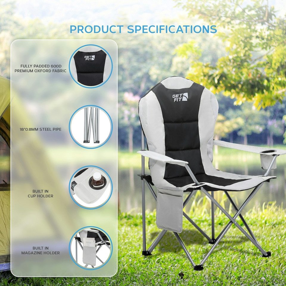 image 1 of Get Fit Camping Chair - Outdoor Folding Chair With Magazine Pocket, Cup Holder & Carry Bag Weight Capacity of 130kg - Grey