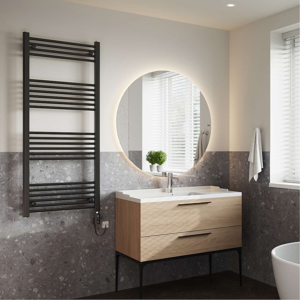 image 1 of Zennor - Black Electric Towel Rail H1400mm x W600mm Straight 700w Thermostatic WIFI