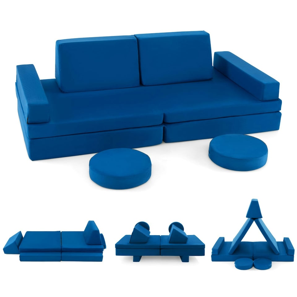 image 1 of COSTWAY 8-Piece Kids Play Couch Sofa Convertible Foam Sofa-Blue | Blue | Chair