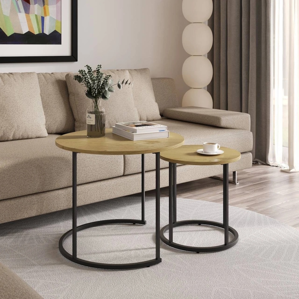 image 1 of Set of 2 Nesting Tables Industrial Round Side Tables with Steel Frame Stacking | Black | Ancient Wood | 1