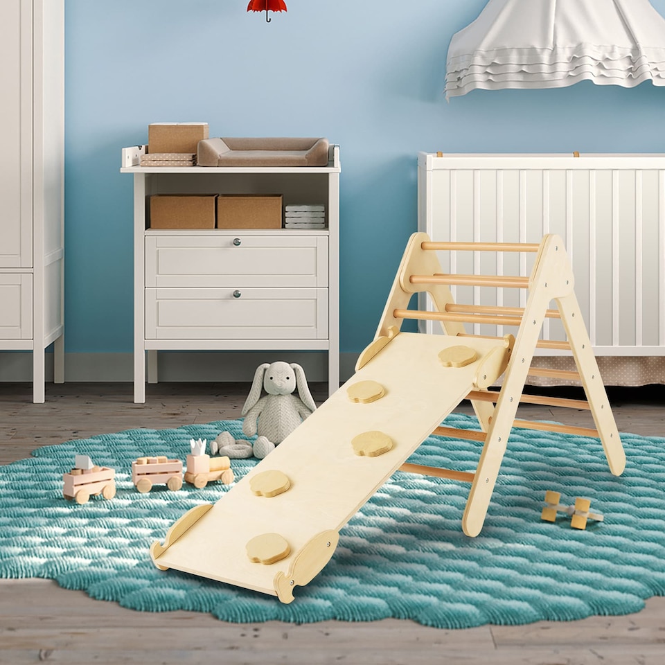 image 1 of COSTWAY 2-in-1 Triangle Climbing Set Wooden Toddler Climbing Triangle Ladder with Ramp
