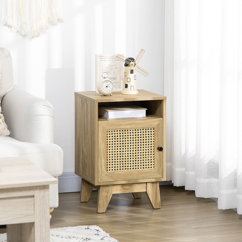 image 1 of HOMCOM Bedside Table Nightstand with Storage Shelf and Door Cupboard, Side End Table with  Rattan Element for Living Room, Bedroom, Natural
