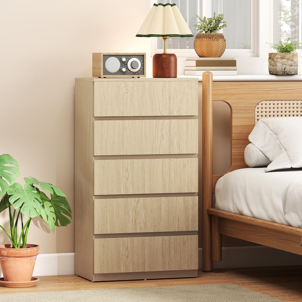 image 1 of HOMCOM Bedroom Chest of Drawers, 5 Drawers Dresser, Drawer Unit | Brown | Natural Wood | 55W x 34D x 100H cm