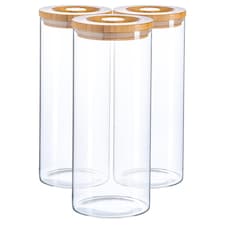 Argon Tableware Glass Storage Jars - Carved Wood Lid - 1.5 Litre - Modern Round Scandi Organisation Container Glass Jar - Set of 3