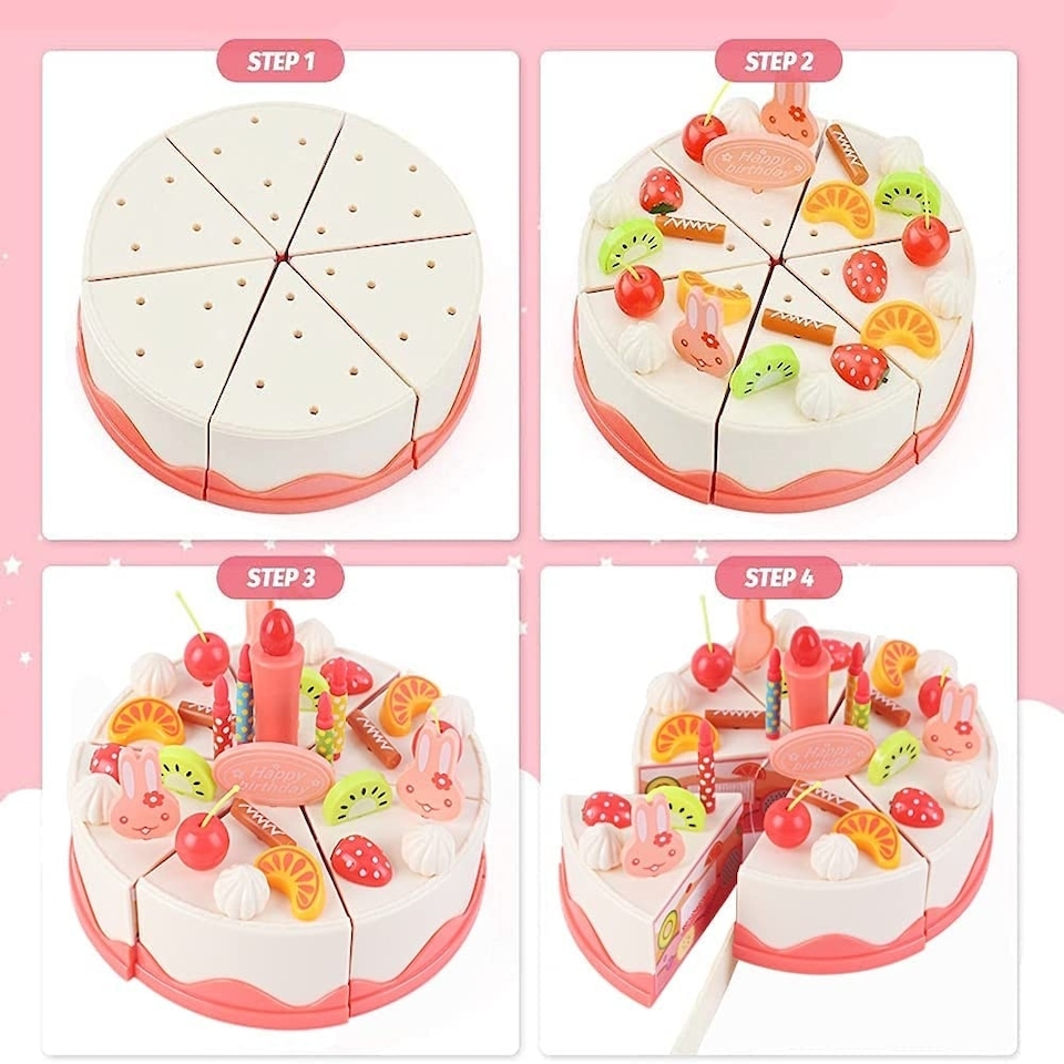 image 1 of Pretend Cutting & Decorating Birthday Cake Tea Party Play Set – 83-Piece Dessert & Afternoon Tea Role Play Set with Light-Up Candle