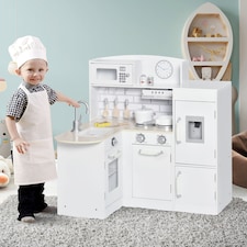 HOMCOM Kids Play Kitchen Wooden Toy Kitchen Cooking Set for Children with Drinking Fountain, Microwave, and Fridge White