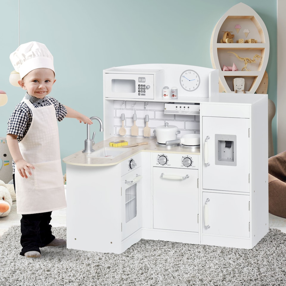image 1 of HOMCOM Kids Play Kitchen Wooden Toy Kitchen Cooking Set for Children with Drinking Fountain, Microwave, and Fridge White