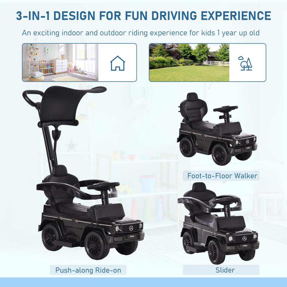 image 1 of HOMCOM Kids Ride-on Push Car 3 in 1 Benz G350 Baby Floor Slider Walker, Black
