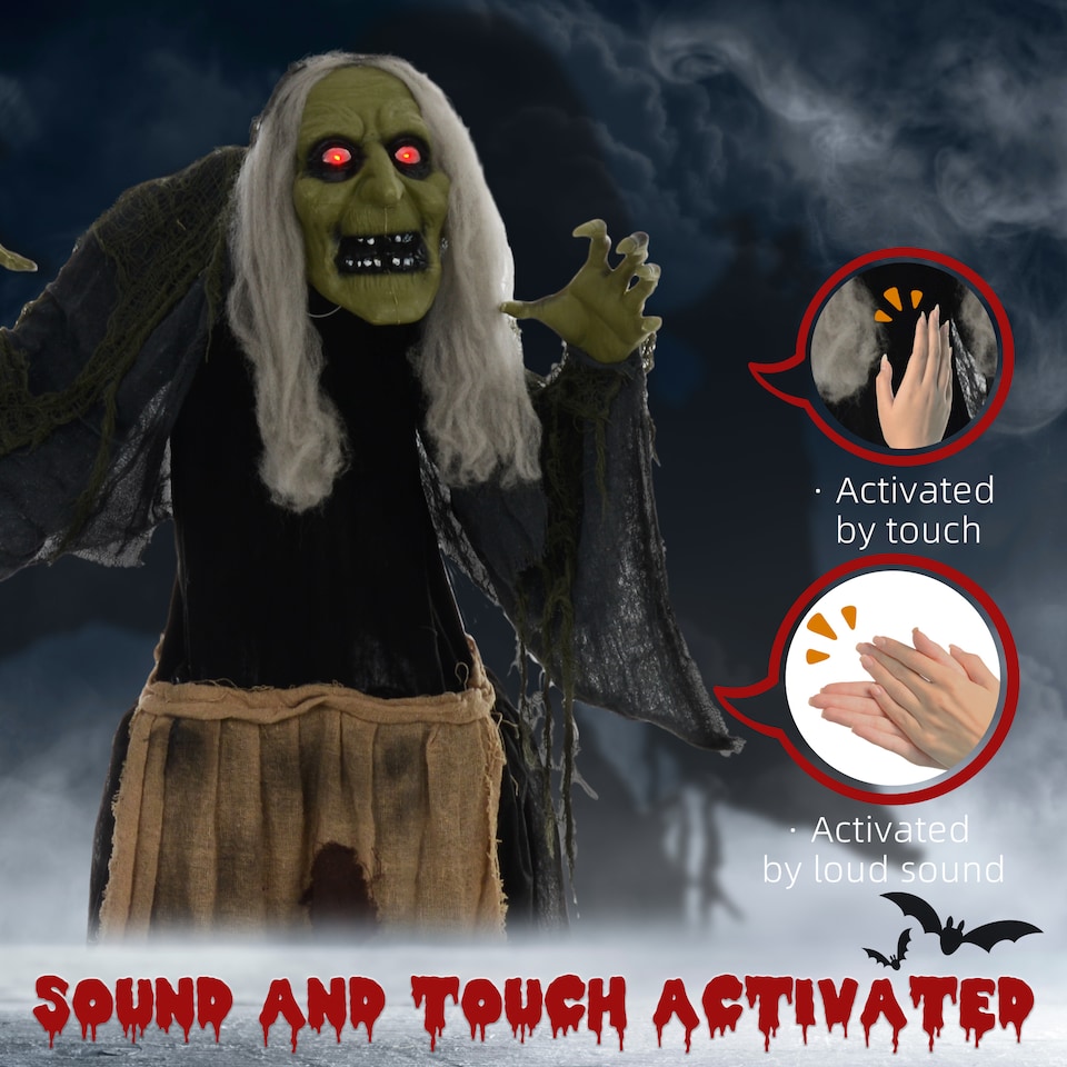 image 1 of HOMCOM 160cm 63 Witch Outdoor Halloween Decoration, Halloween Animatronic with Sound Activated, Light Up Eyes, Sound Effects, Animated Prop for Haunted House