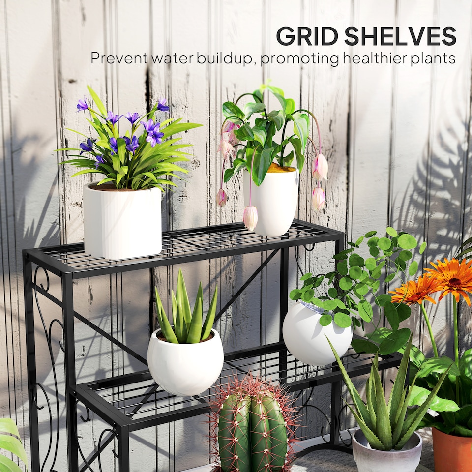 image 1 of Outsunny 3-Tier Metal Plant Stand for Garden Balcony Indoor Outdoor, Black | Black | Black