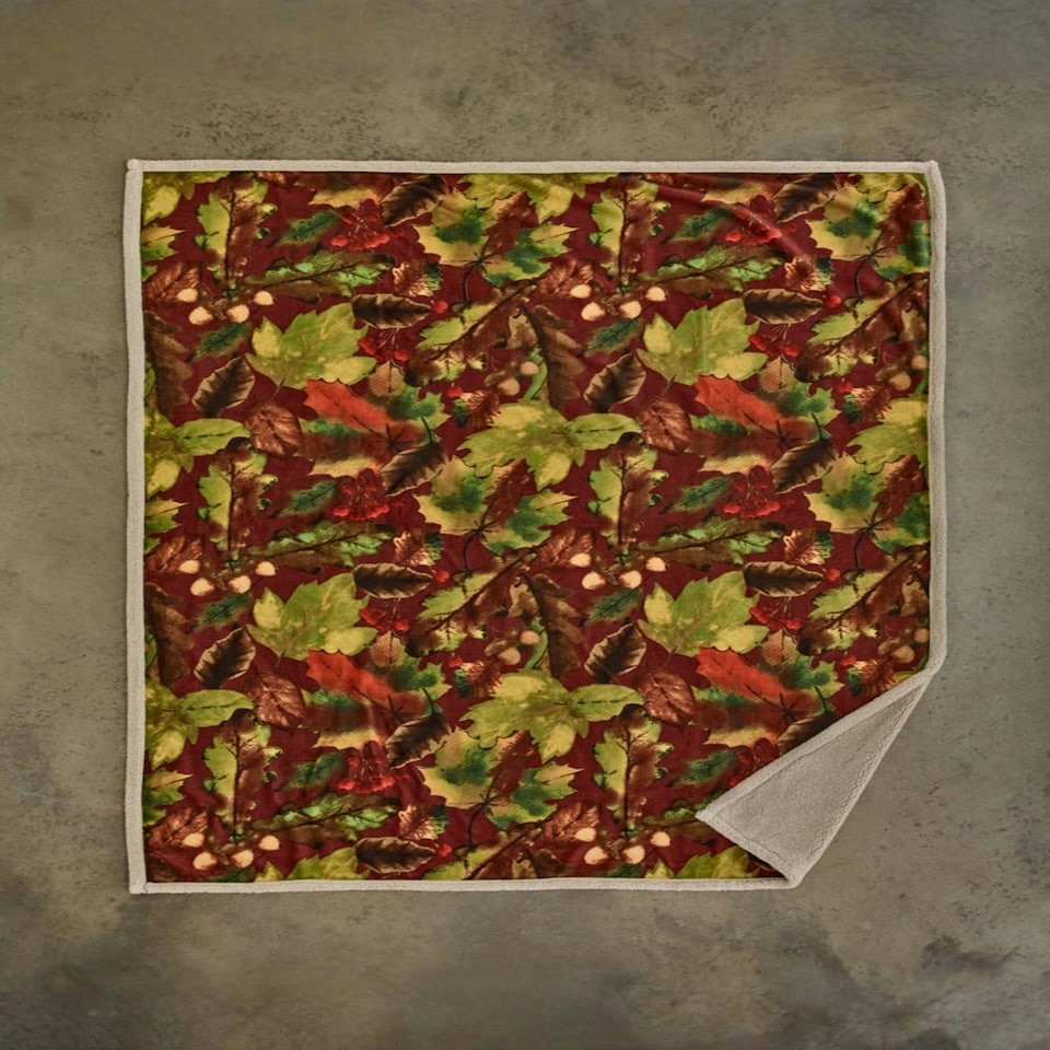 image 1 of Winter Leaves Throw – Sherpa Blanket Patterned with Autumn Leaves & Acorns 130x170cm | Multi | Rust | 1