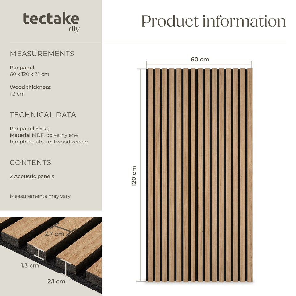 image 1 of Acoustic Wall Panels with Wood Veneer Slats, Thick Felt and Easy to Install | Brown | oak | 120 x 60 x 120 cm | 2