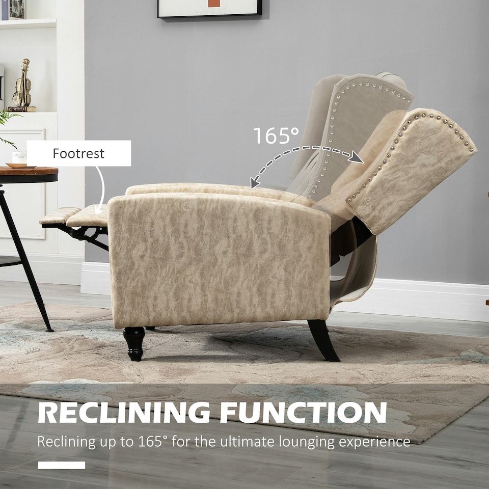 image 1 of HOMCOM Marble Effect Manual Reclining Armchair w/ Footrest Studs Wood Legs Beige